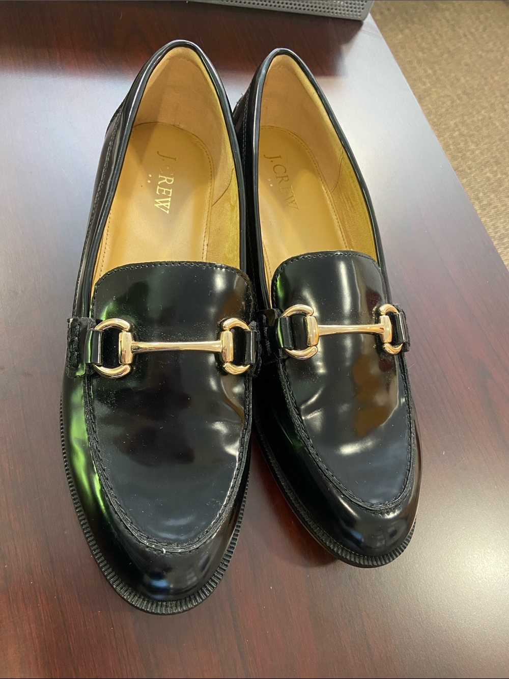 J. Crew women’s 8.5 Black Patent Leather Loafers EUC with Gold Horsebit